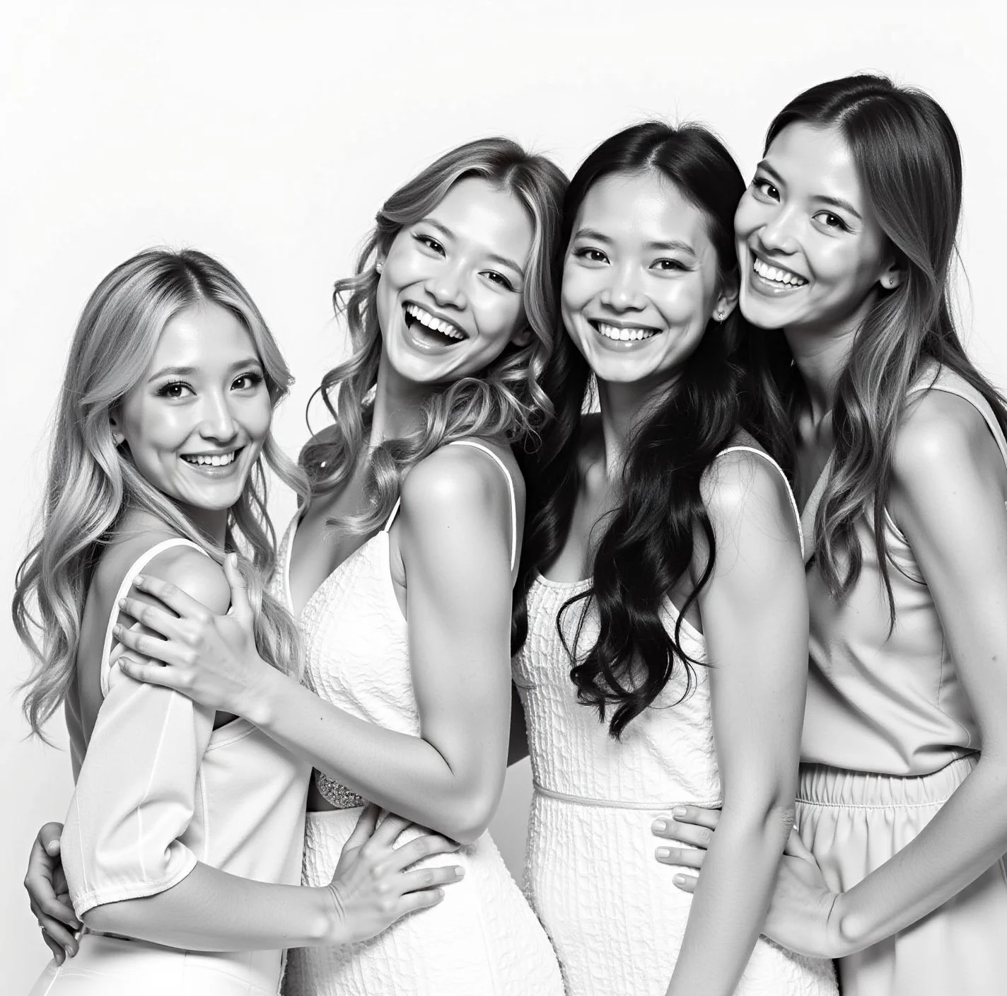 Black and white group portrait of four women in white at a wedding event — Monochrome Memories