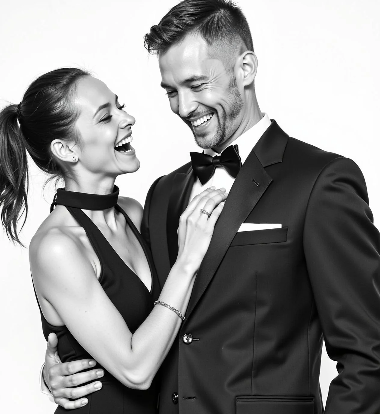 Black and white portrait of a couple laughing at a black tie gala — Monochrome Memories