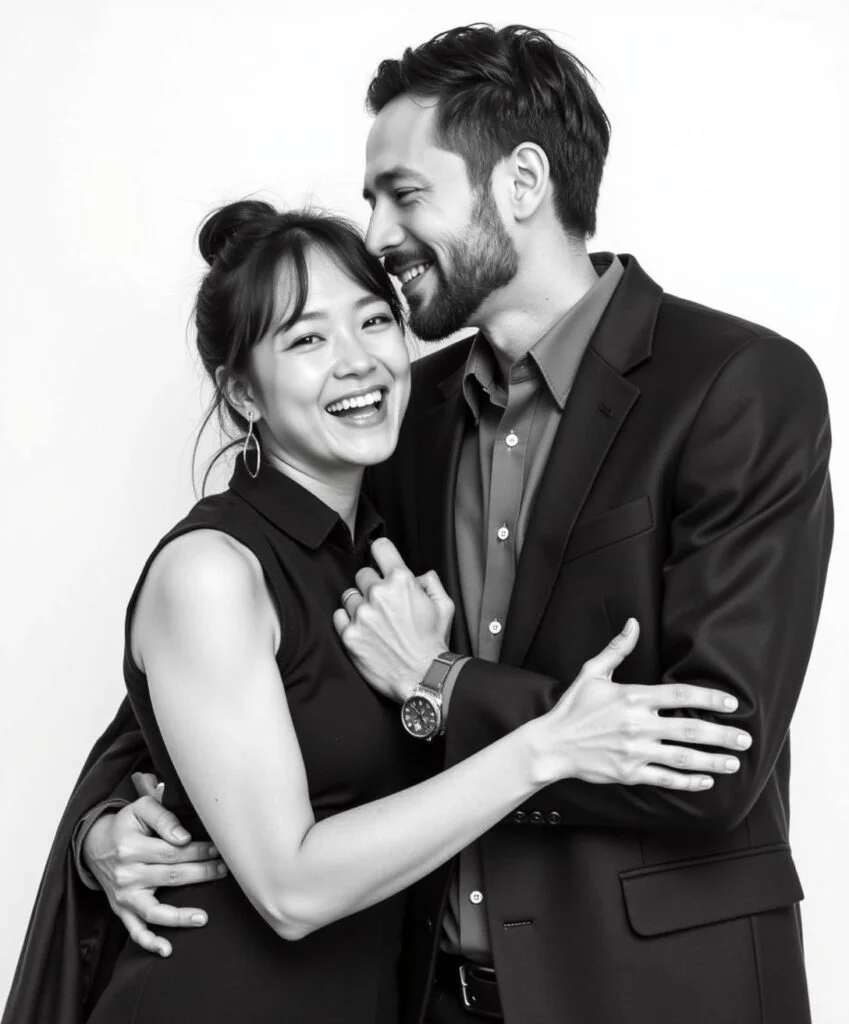 Black and white portrait of a laughing couple embracing at an event — Monochrome Memories