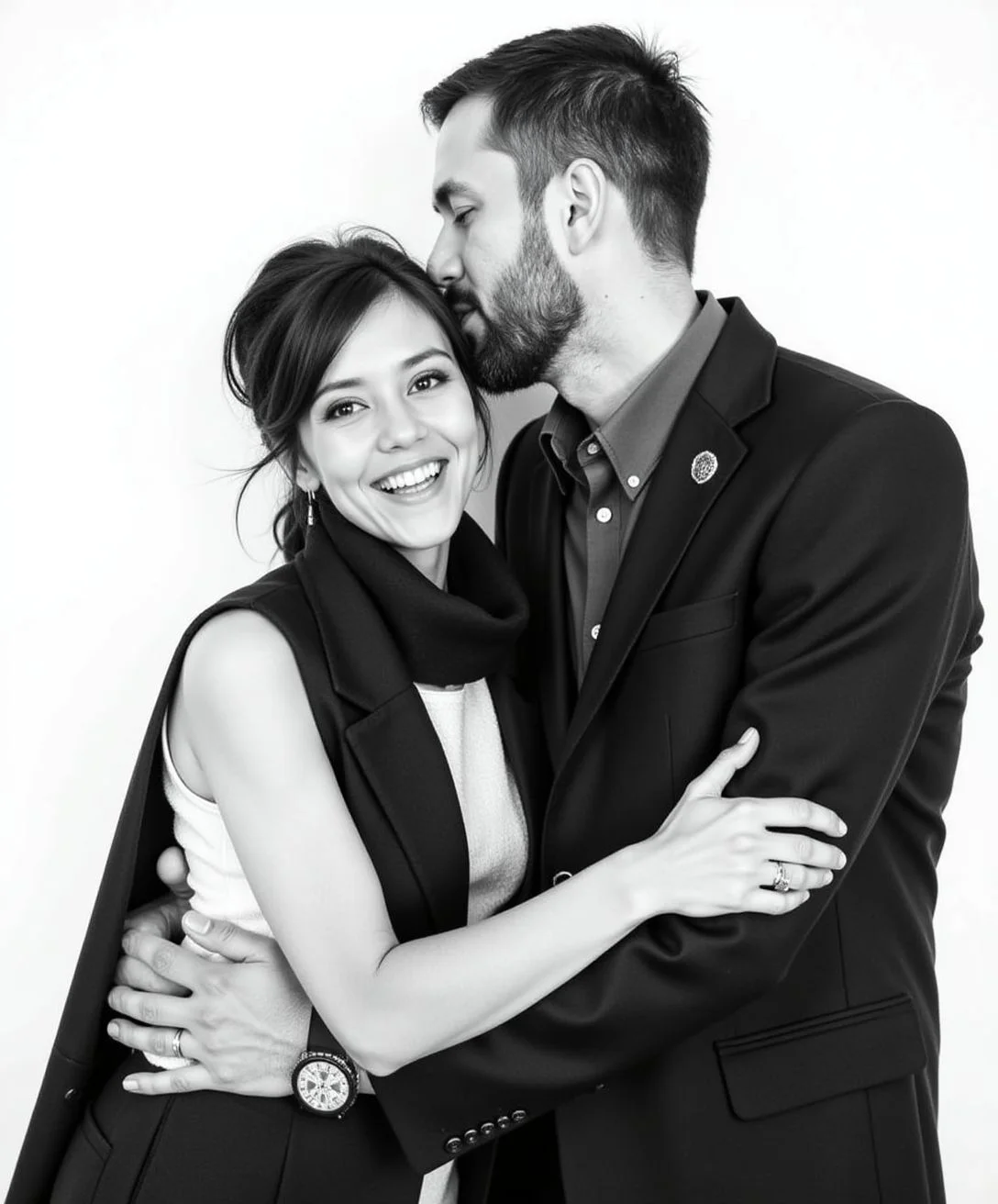 Black and white romantic couple portrait at an event, man kissing woman on the temple — Monochrome Memories