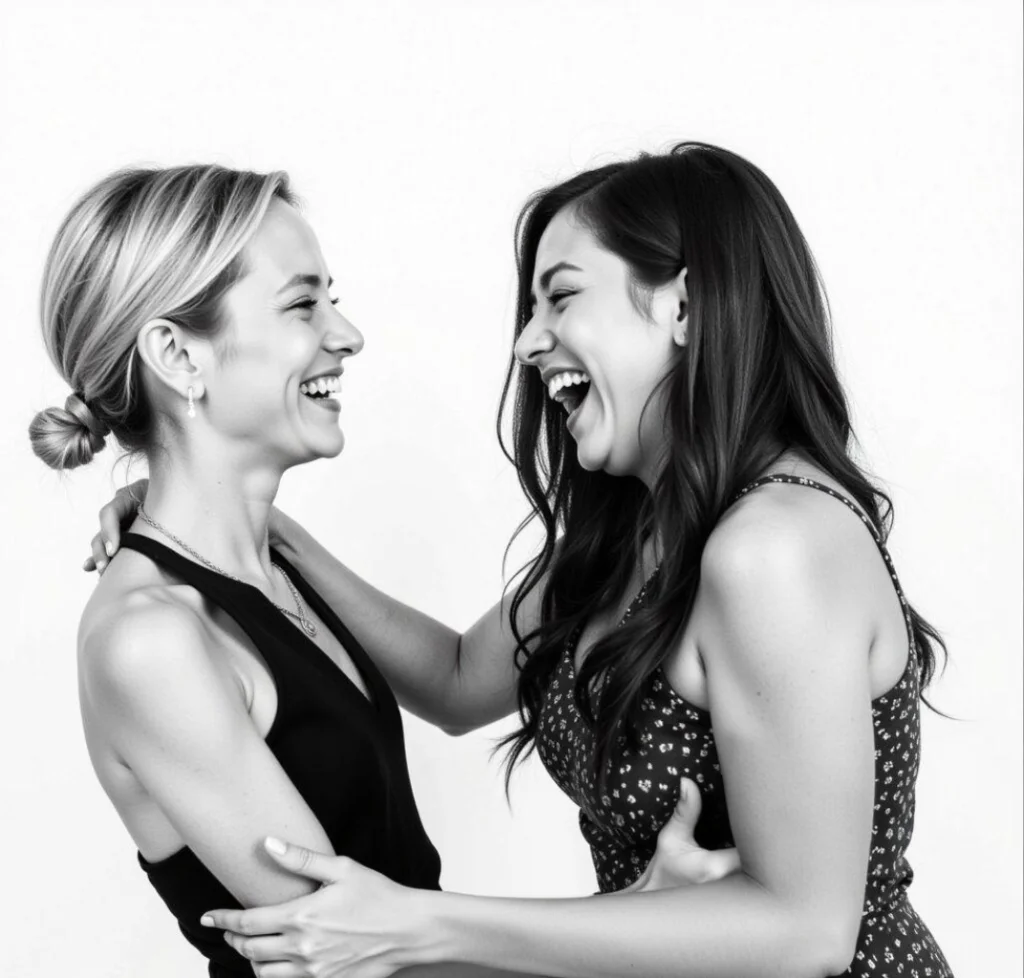 Black and white portrait of two women laughing together at an event — Monochrome Memories