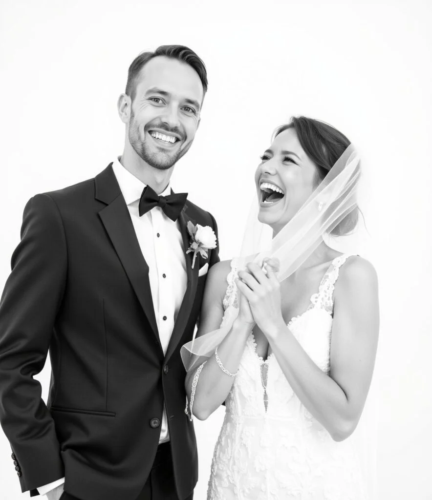 Black and white wedding portrait of bride and groom laughing — Monochrome Memories