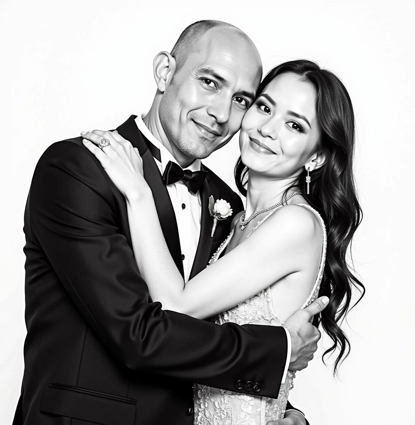 Intimate black and white wedding portrait of couple embracing — Monochrome Memories