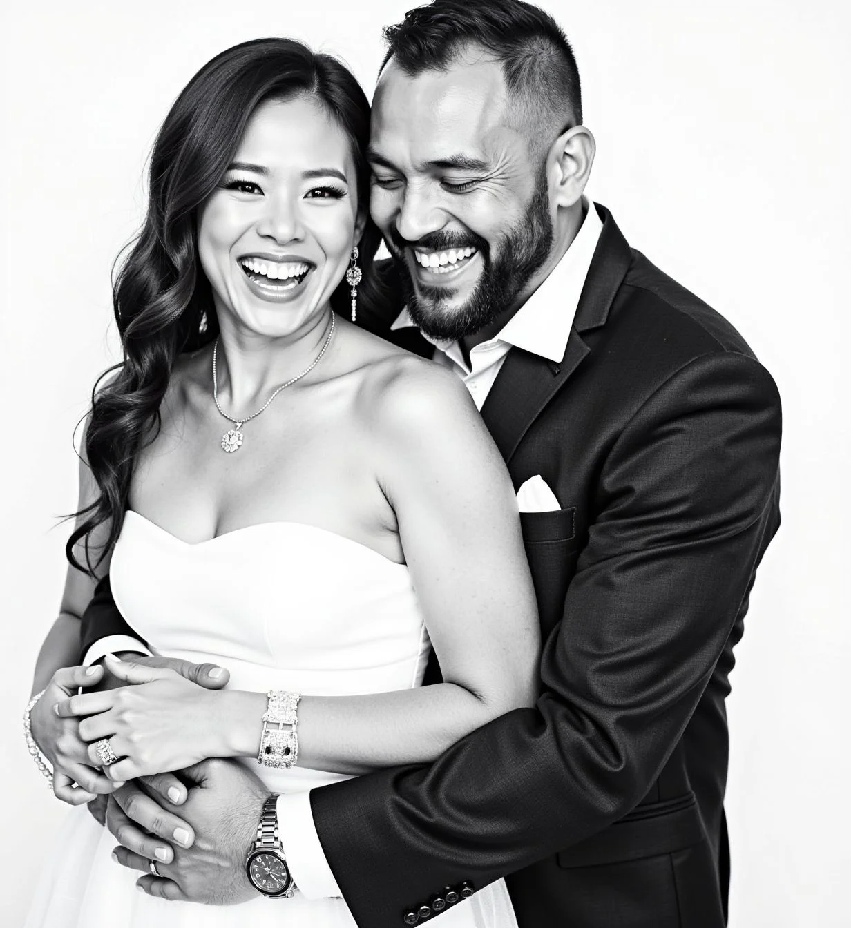 Joyful black and white wedding portrait of bride and groom laughing together — Monochrome Memories